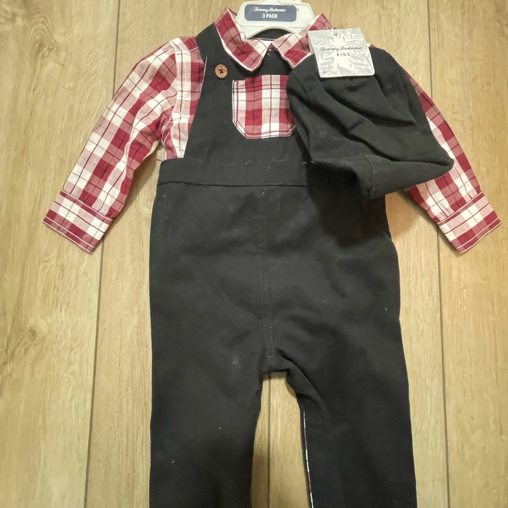 Tommy Bahama Red Plaid Shirt with Black Overalls and Cap